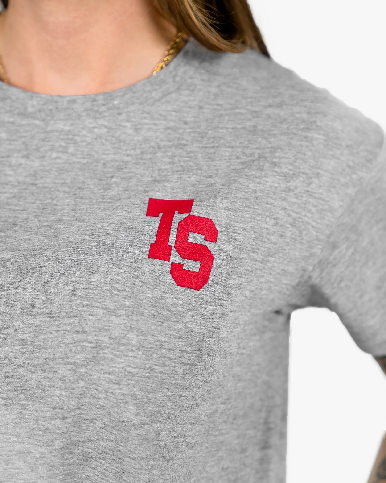 WKND Crop Tee - Grey w/ Red