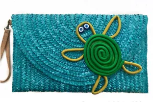 Woven straw Blue Turtle Maxi Clutch