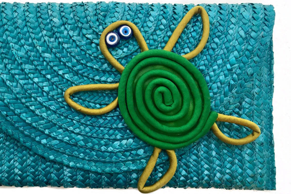 Woven straw Blue Turtle Maxi Clutch