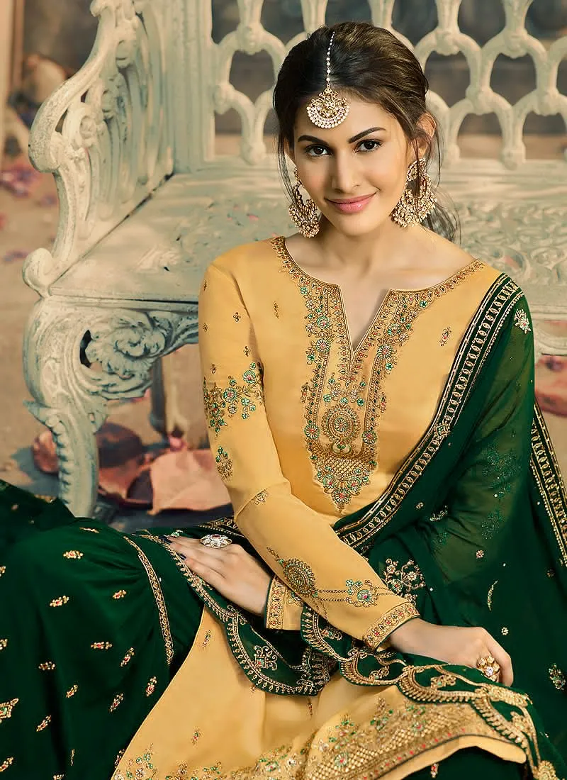 Yellow And Green Embroidered Gharara Suit