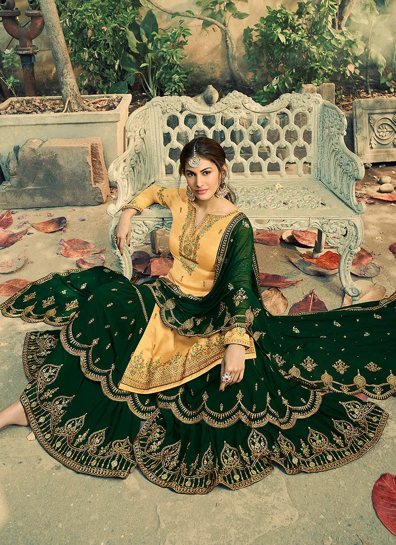 Yellow And Green Embroidered Gharara Suit