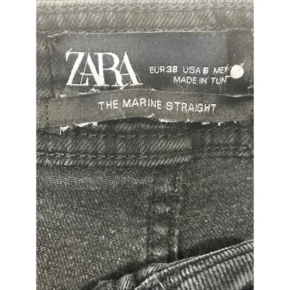 Zara Jeans Chic Black Marine High Waisted Straight 10.5&quot; Wide Leg Raw Hem Boho 6