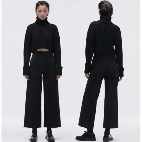 Zara Jeans Chic Black Marine High Waisted Straight 10.5&quot; Wide Leg Raw Hem Boho 6